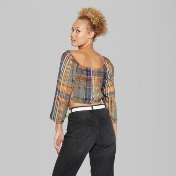 New WILD FABLE Plaid Puff Sleeve Ruched Front Top - Picture 3 of 8